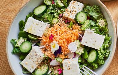 Platos de la India, incluyendo una ensalada con tofu. Platos de la India, incluyendo una ensalada con tofu.