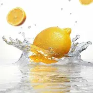 Un tipo de limón amarillo cayendo en el agua.