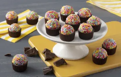 Fotografía en tonos de amarillo sobre una encimera gris oscuro con servilletas amarillas a rayas. En el centro, un tablero amarillo con un soporte de dulces blanco que sostiene los moldes de chocolate con brigadeiros con dulces de colores. Fotografía en tonos de amarillo sobre una encimera gris oscuro con servilletas amarillas a rayas. En el centro, un tablero amarillo con un soporte de dulces blanco que sostiene los moldes de chocolate con brigadeiros con dulces de colores.